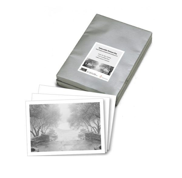 Hahnemuhle Platinum Rag is an uncoated fine art paper with a weight of 300gsm. It is naturally white and made of 100% cotton fibers. The paper is acid-free with no alkaline buffering. The Platinum Rag is designed to meet high-quality requirements for platinum printing as well as other printing processes such as Palladium, Van Dyke, Cyantope, and Slat Prints. Superb results are created from a beautiful tonal range and very deep blacks. Both sides are sufficient to achieve very good print quality without noticeable differences between them.